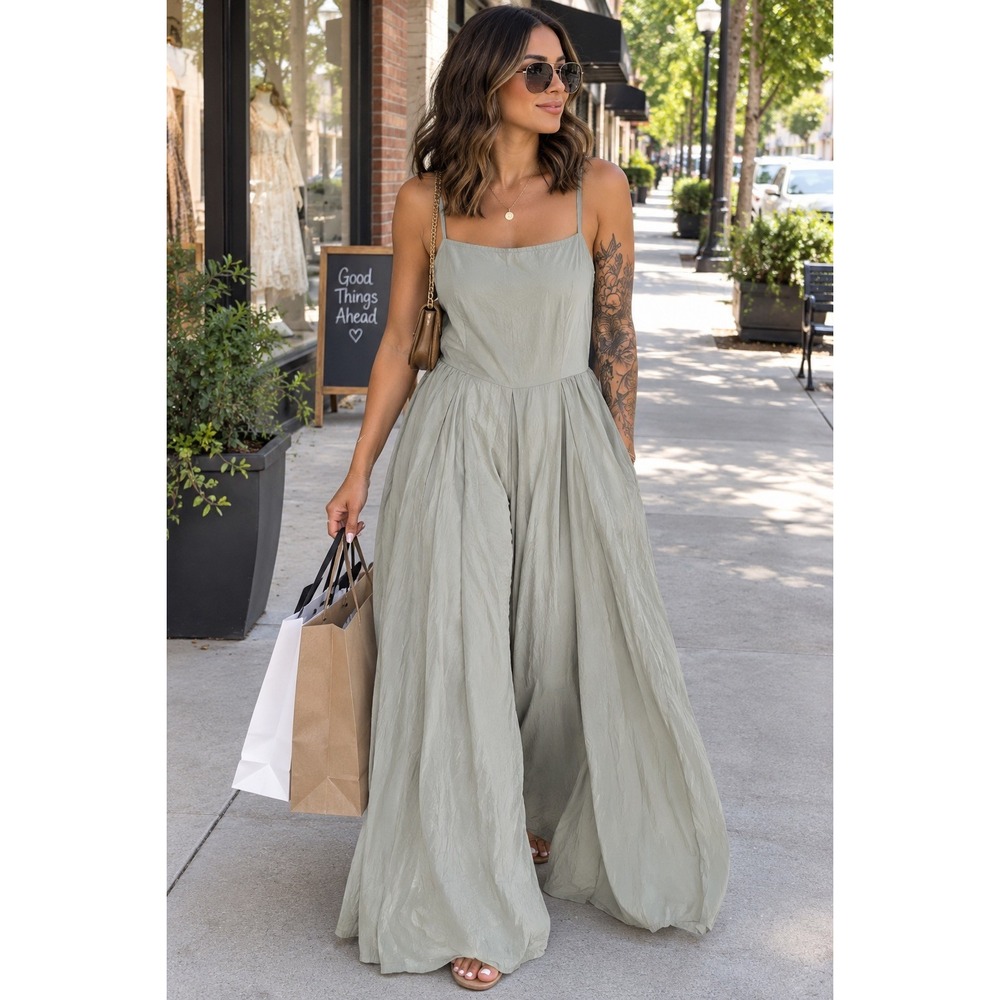 Zara Pleated Poplin greige Jumpsuit Size Large boho neutral casual wide leg